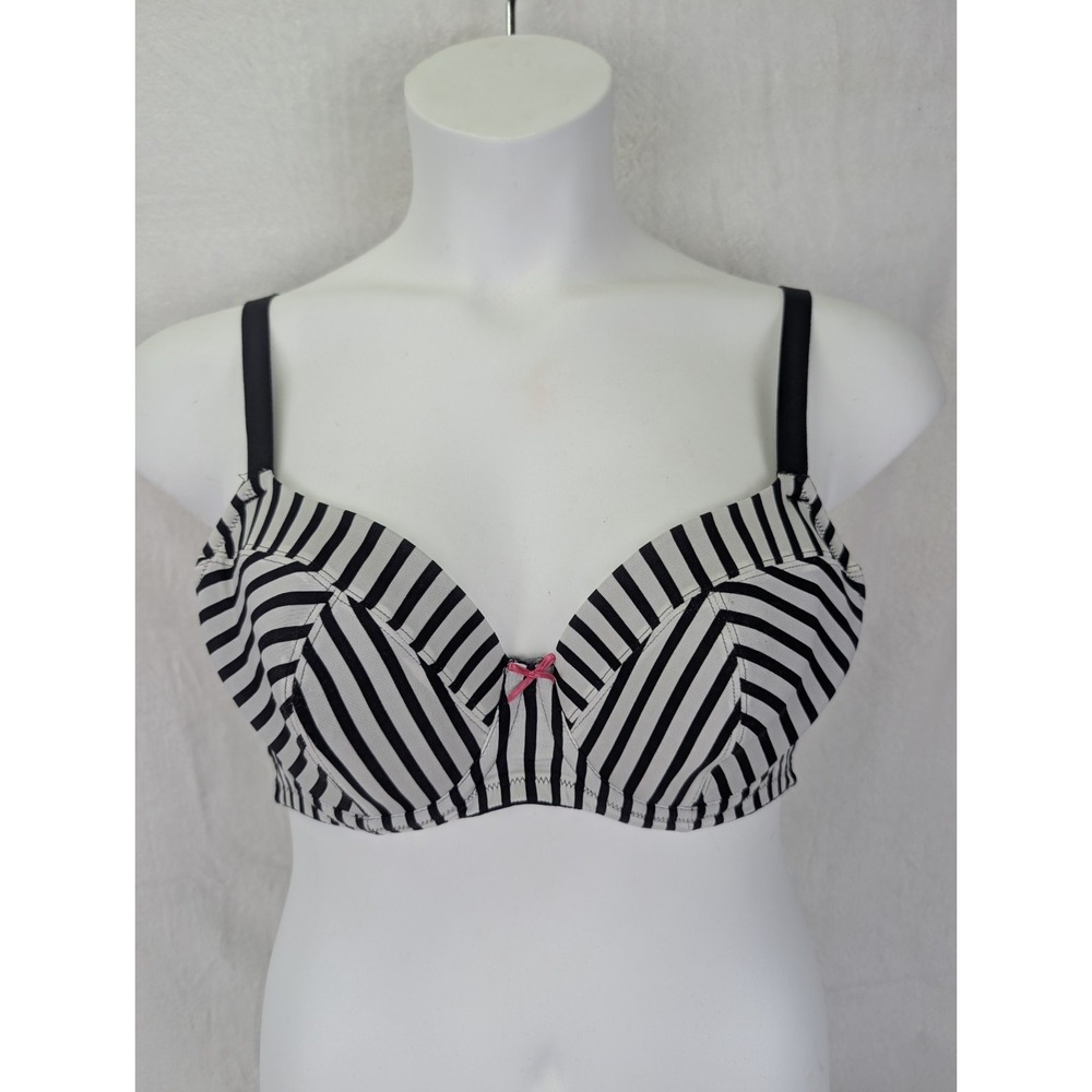 Cacique Striped Balconette Bra Size 38C Black Lightly Lined Comfy Straps Bow